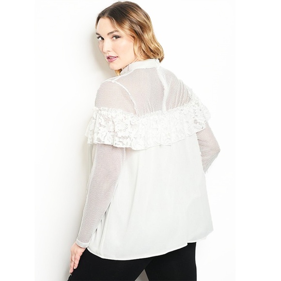 PLUS Ivory Victorian Gothic Lace Trim Chiffon Top - Picture 3 of 8